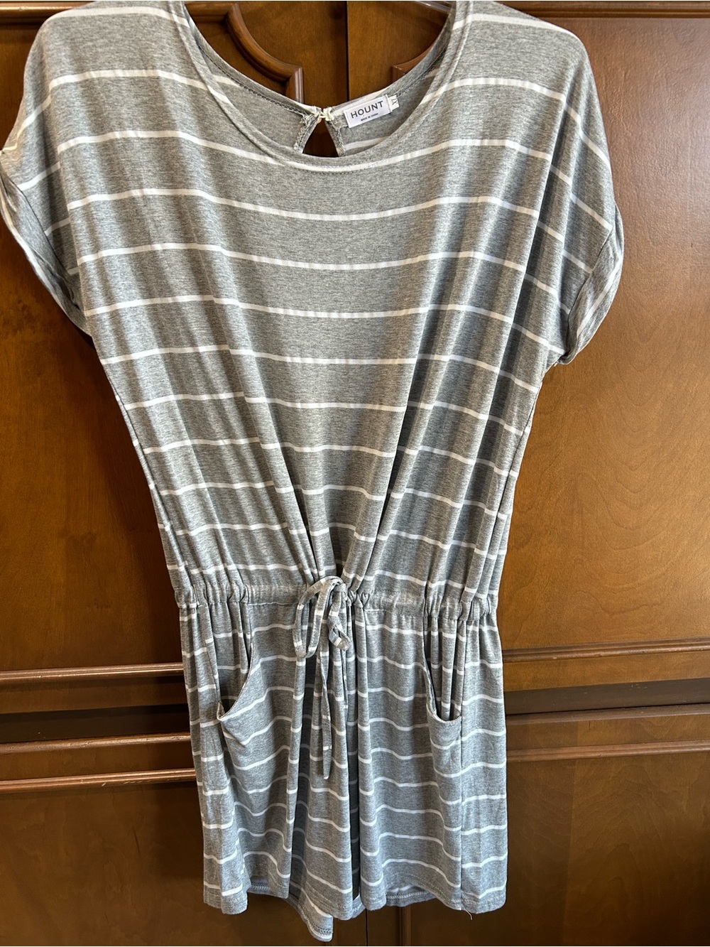 HOUNT Striped Drawstring Waist Tunic - Gray & White